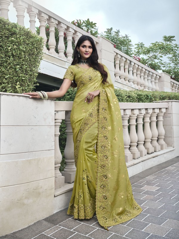 Pure Tissue Silk Wedding wear Lemon Green Color With Embroidery Work