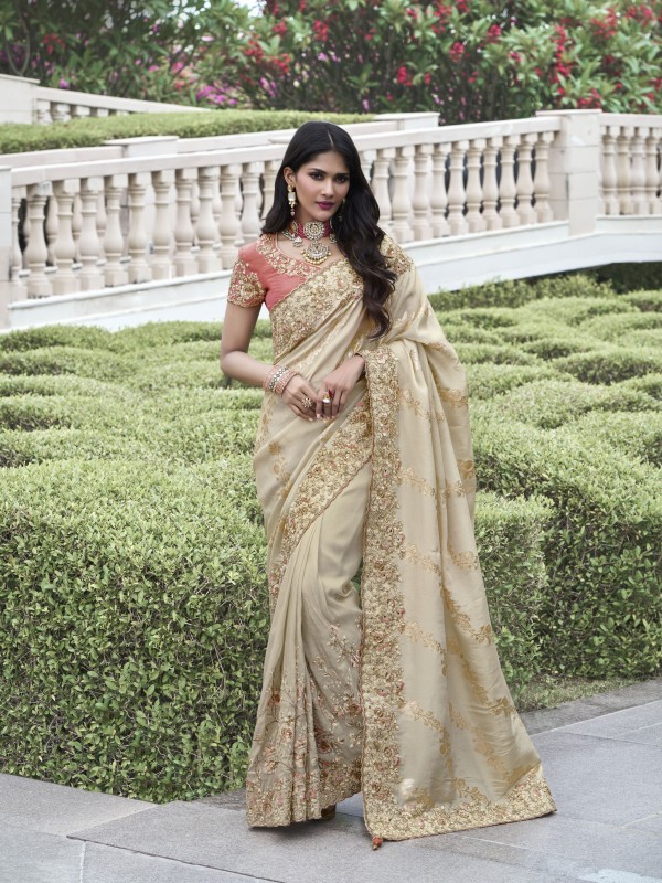 Pure Tissue Silk Wedding wear Beige Color With Embroidery Work