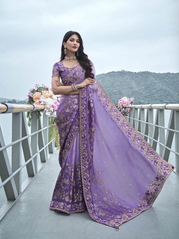 Pure Tissue Silk Wedding wear Pastel Lavender Color With Embroidery Work