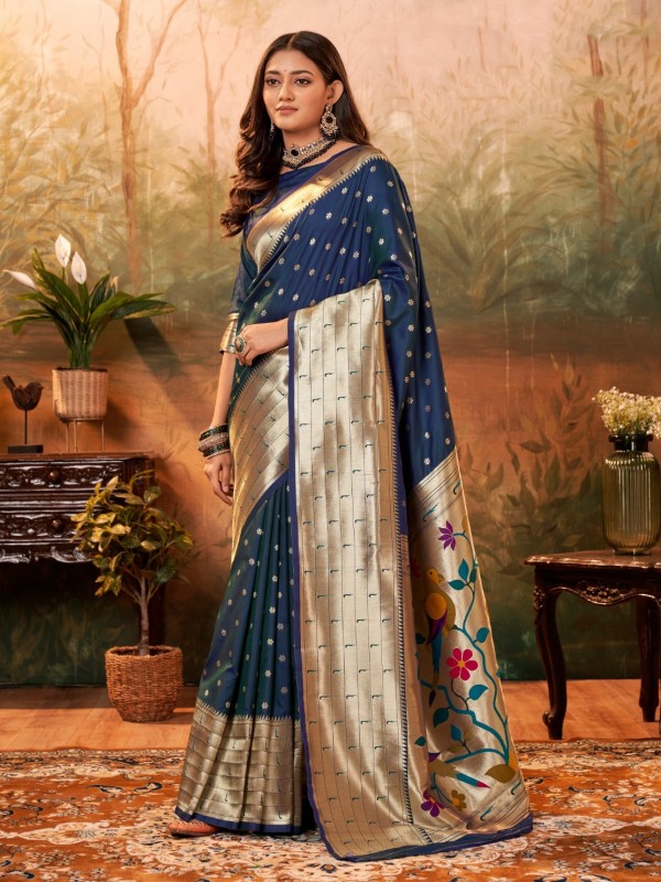 Pure Paithani Silk Party wear Saree In Blue Color with Zari Weaving 