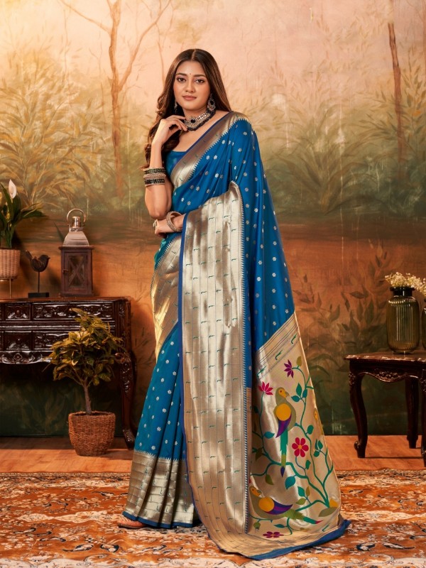 Pure Paithani Silk Party wear Saree In Blue Color with Zari Weaving 