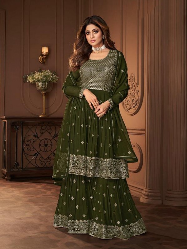  Georgette Party Wear Ready made Sarara in Green Color with  Embroidery Work
