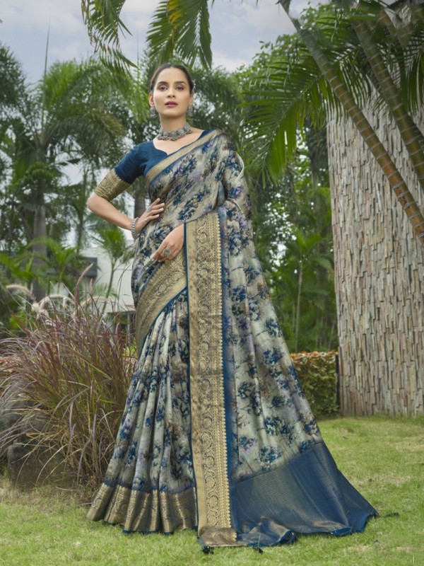 Dola Silk Saree In Blue Color With Digital Print Work
