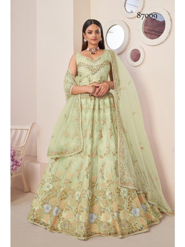 Soft Premium Net Party Wear Lehenga In Green Color  With Embroidery Work
