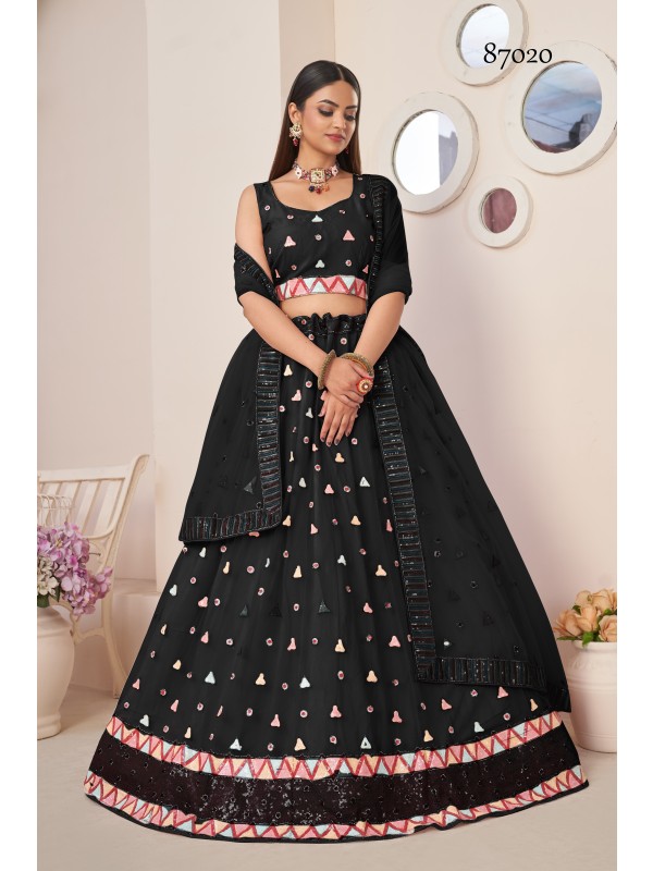 Soft Premium Net Party Wear Lehenga In Black Color  With Embroidery Work