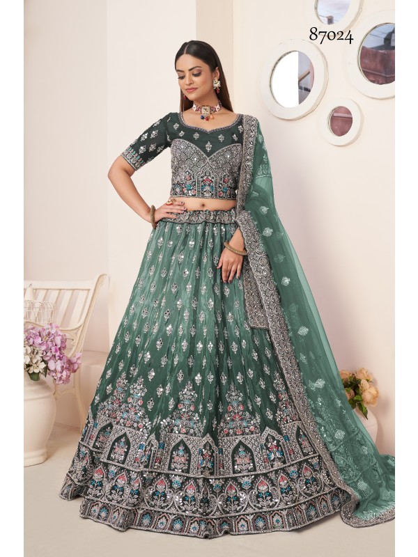 Sateen Silk Party Wear Lehenga In Green Color  With Embroidery Work