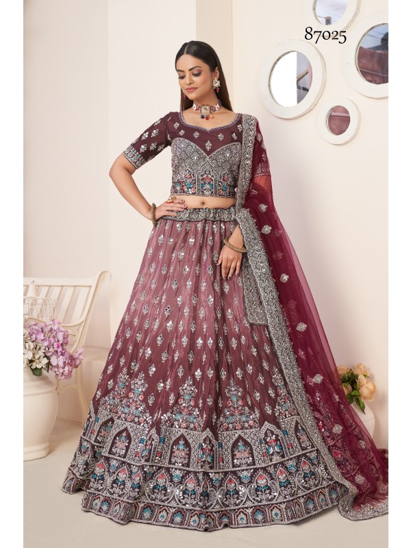 Sateen Silk Party Wear Lehenga In Maroon Color  With Embroidery Work