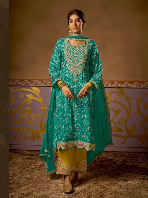 Pure Russion  Party Wear Suit Turquoise Color with  Embroidery Work