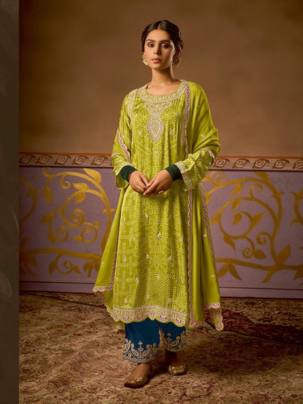 Pure Russion  Party Wear Suit Lemon Green Color with  Embroidery Work