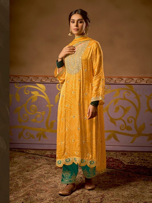 Pure Russion  Party Wear Suit Yellow Color with  Embroidery Work
