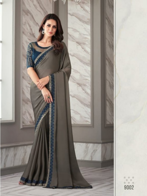 Sateen Silk Party Wear  Saree In Grey Color With Embroidery Work