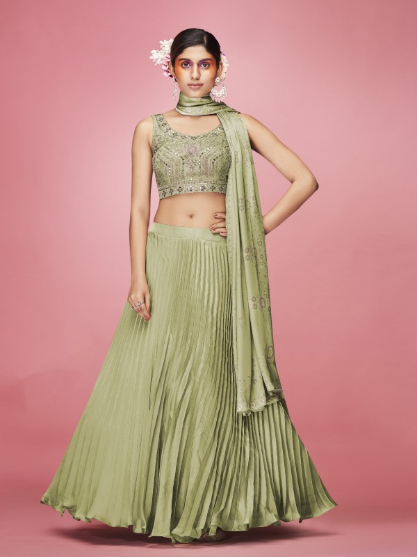 Art Silk Fabrics Party Wear Lehenga in Green Color With Embroidery Work 