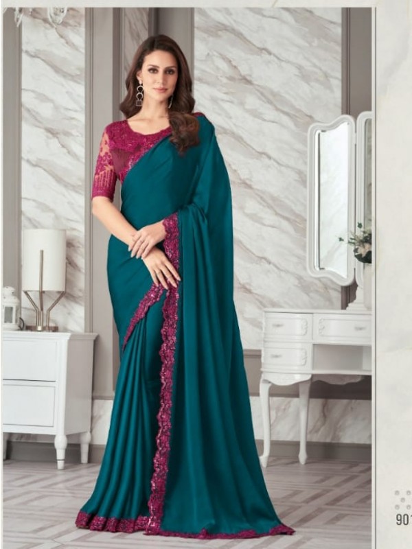 Sateen Silk Party Wear  Saree In Teal Blue Color With Embroidery Work