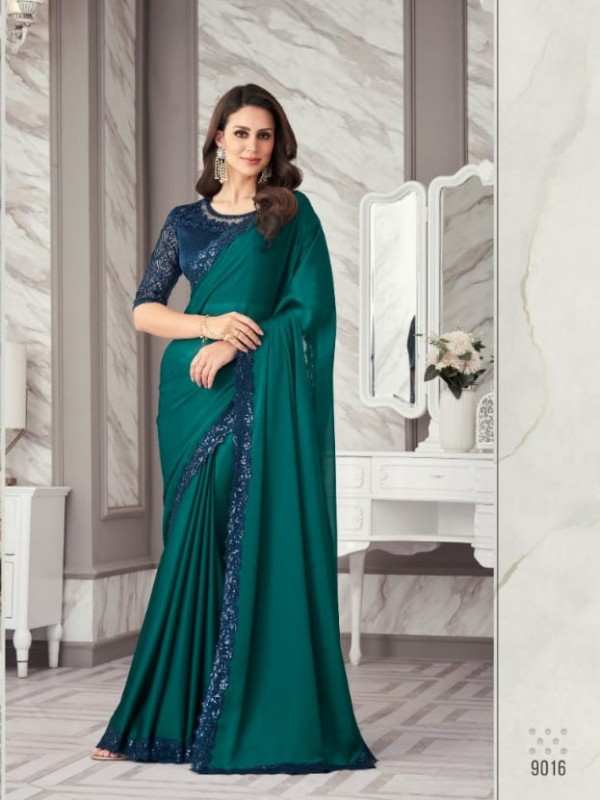  Georgette Party Wear  Saree In Teal Green Color With Embroidery Work