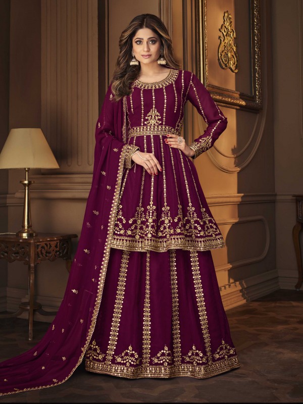  Georgette Party Wear Readymade Sarara in Violet Color with  Embroidery Work