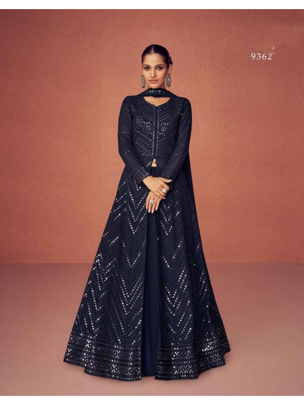 Real Georgette Party Wear Gown Black Color with  Embroidery Work
