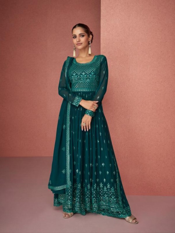 Pure Geogratte  Party Wear Plazo Suit  in Teal Green Color with  Embroidery Work