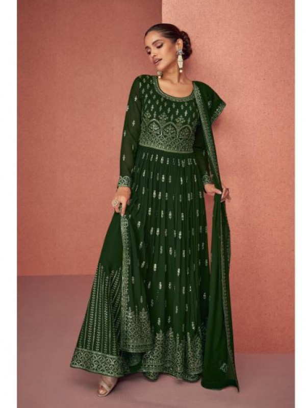 Pure Geogratte  Party Wear Plazo Suit  in Green Color with  Embroidery Work