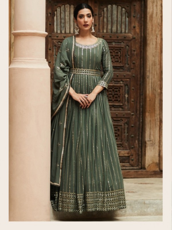 Real Georgette Party Wear Gown Green  Color with  Embroidery Work