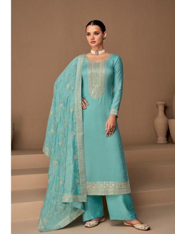 Dola Silk  Party Wear Suit In Sea Blue With Embroidery Work 