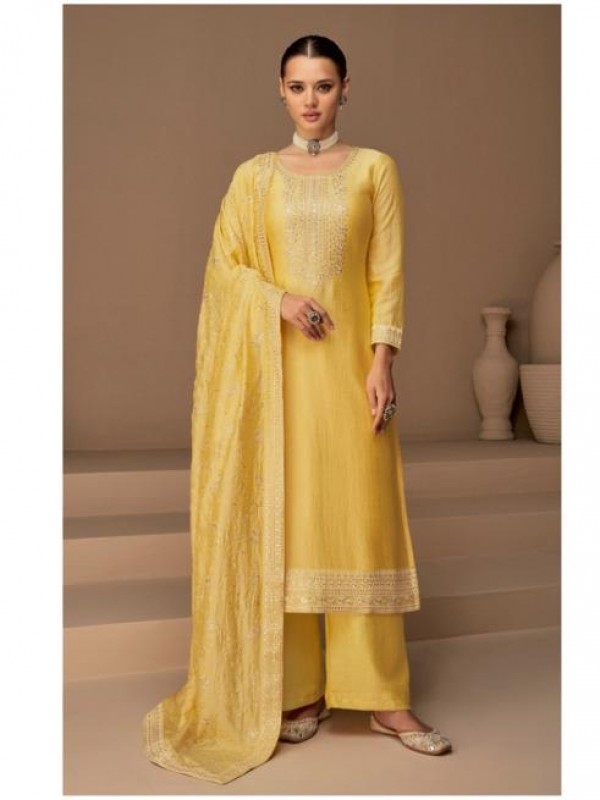 Dola Silk  Party Wear Suit In  Yellow With Embroidery Work 