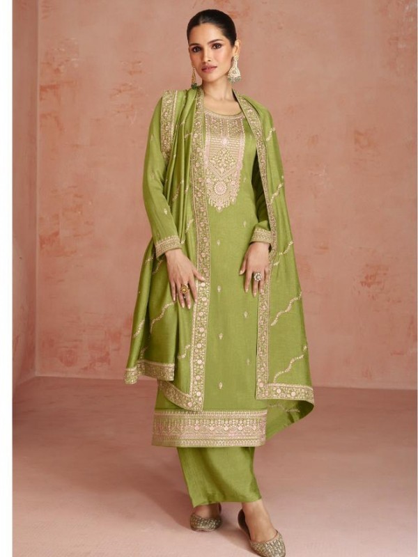 Premium Silk  Party Wear Suit  in Green  Color with  Embroidery Work