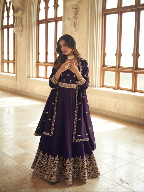 Premium Silk Party Wear Gown Purple Color with  Embroidery Work