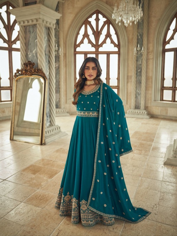 Premium Silk Party Wear Gown Persion Blue  Color with  Embroidery Work