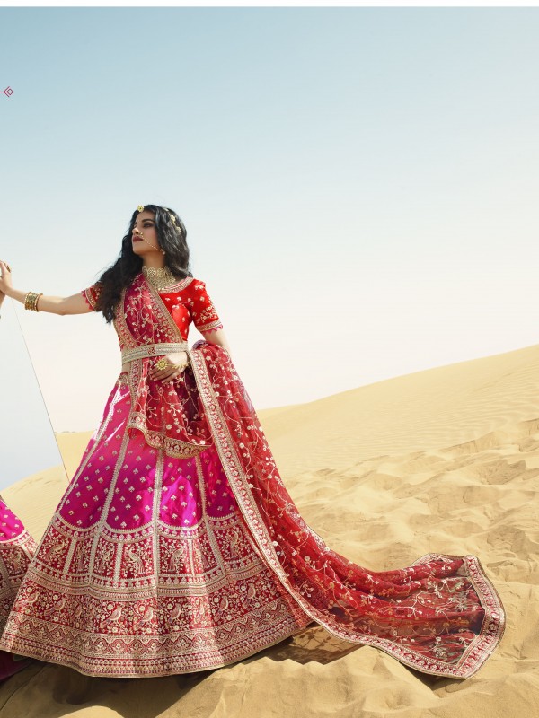 Gaji  Silk  Wedding Lehenga in Pink & Red Color With Embroidery Work & Stone Work