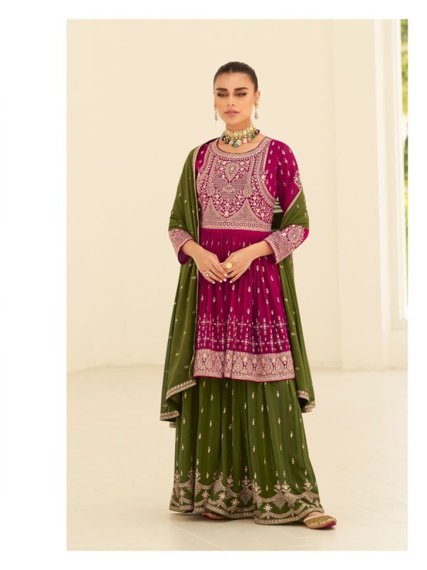 Pure Georgette Party Wear Sarara in Green & Magenta Color with  Embroidery Work
