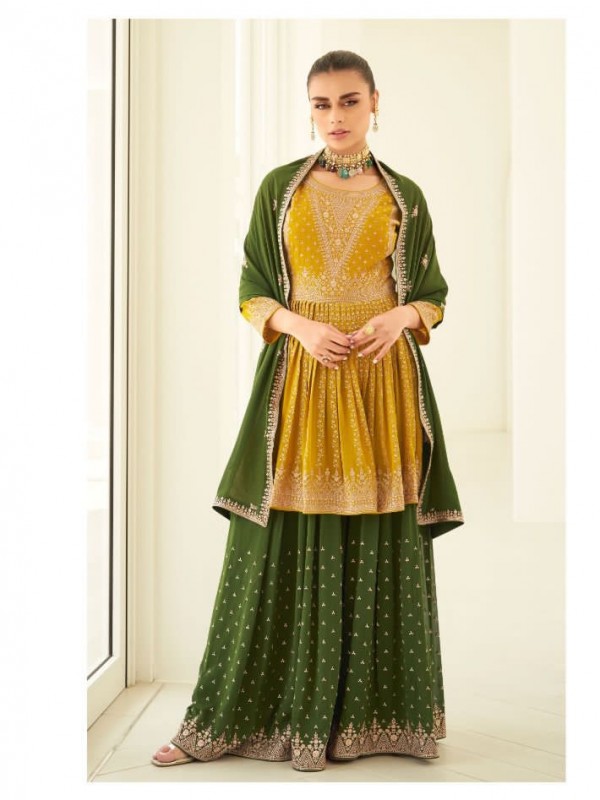 Pure Georgette Party Wear Sarara in Green & Yellow Color with  Embroidery Work
