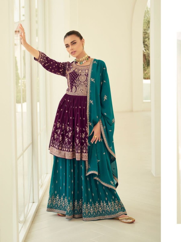 Pure Georgette Party Wear Sarara in Turquoise & Purple Color with  Embroidery Work