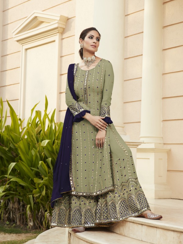  Pure Georgette Party Wear  Readymade  Sarara in Pastel Green Color with  Embroidery Work