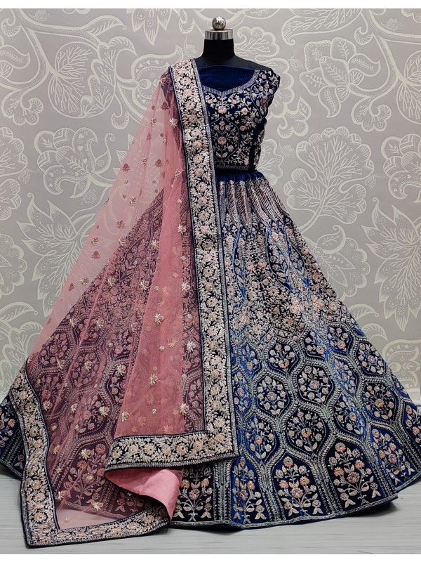 Pure Micro Velvet Bridal  Wear Lehenga In Blue  Color With Embroidery Work 
