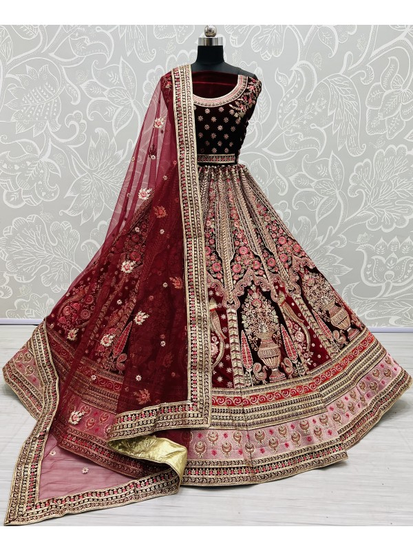 Pure Micro  Velvet Bridal  Wear Lehenga In Maroon With Embroidery Work 