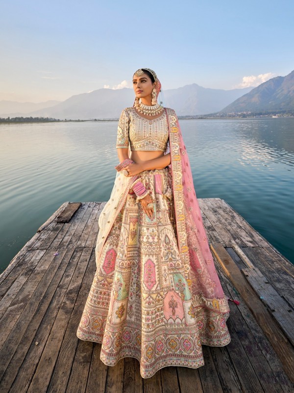 Pure Silk Bridal Lehenga in Cream Color With Embroidery work