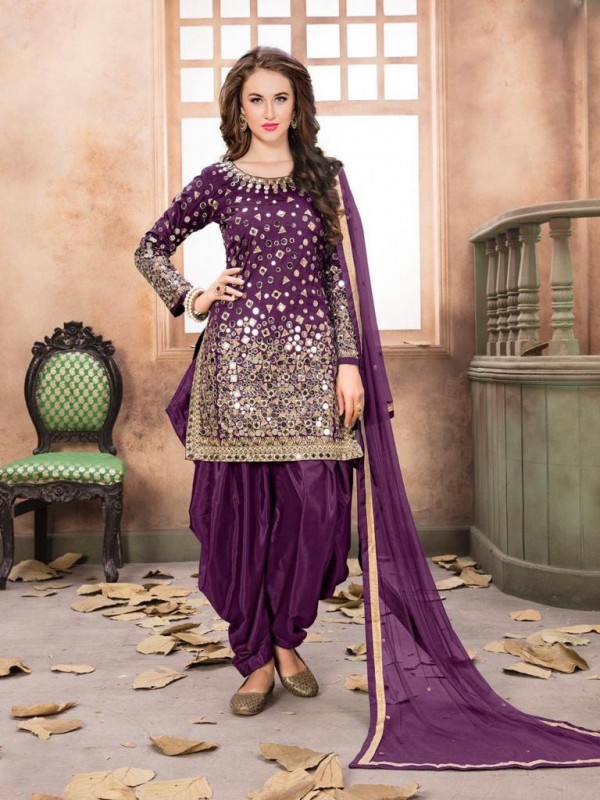 Satin Silk Party Wear Readymade Salwar Suit In Purple Embroidered Work,Stone ,Mirror work