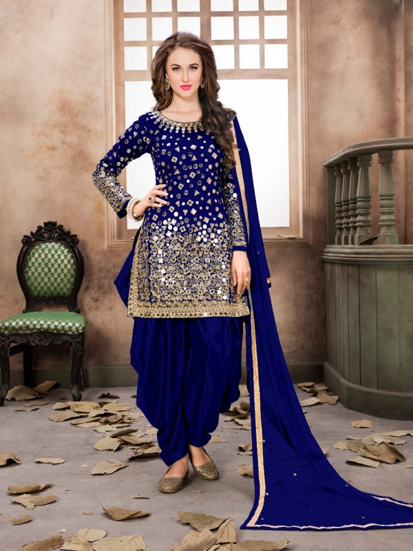 Satin Silk Party Wear Readymade Salwar Suit In Blue Embroidered Work,Stone ,Mirror work