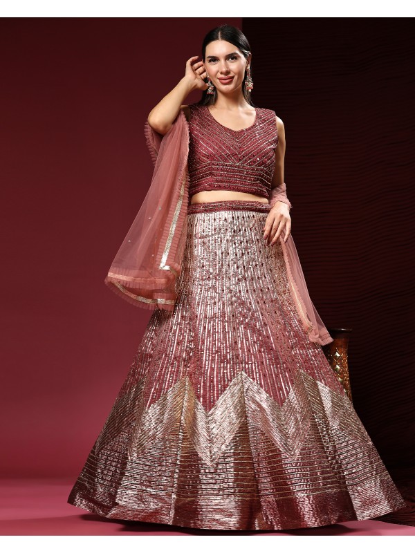 Organza Silk  Fabrics Party Wear Lehenga in Beige Color With Embroidery  