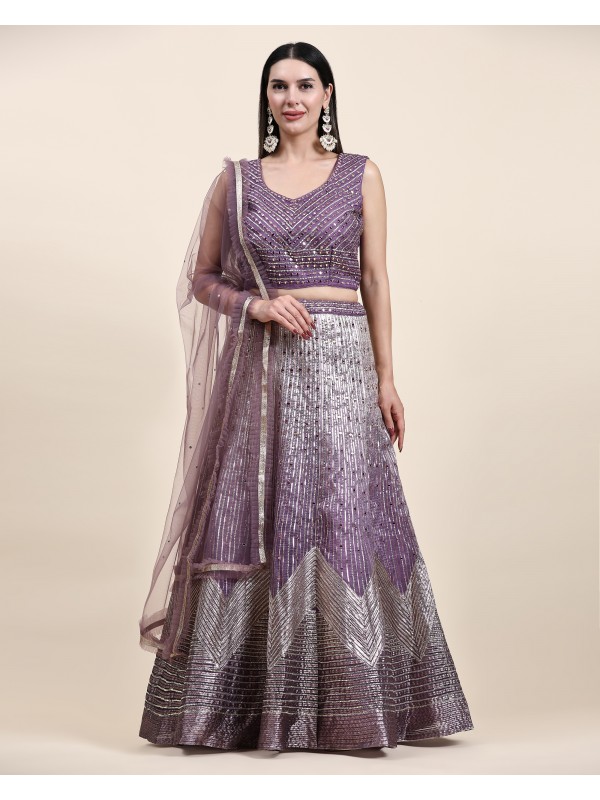 Organza Silk  Fabrics Party Wear Lehenga in Purple Color With Embroidery  