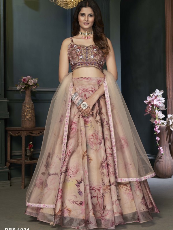 Organza  Fabrics Party Wear Lehenga in Beige Color With Embrodiery  