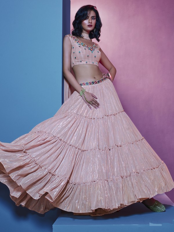 Art Silk  Party  Wear Lehenga In Peach Color With Embroidery Work 