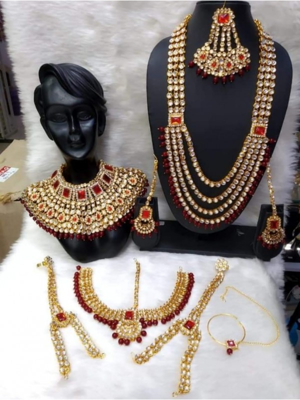 Golden Color Bridal Set  With White&Maroon Diamond 