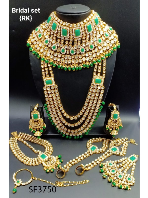 Golden Color Bridal Set  With White & Green Diamond 