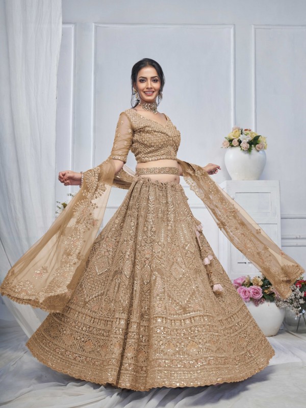 Soft Premium Net Wedding Wear Lehenga In Brown Color With Embroidery Work