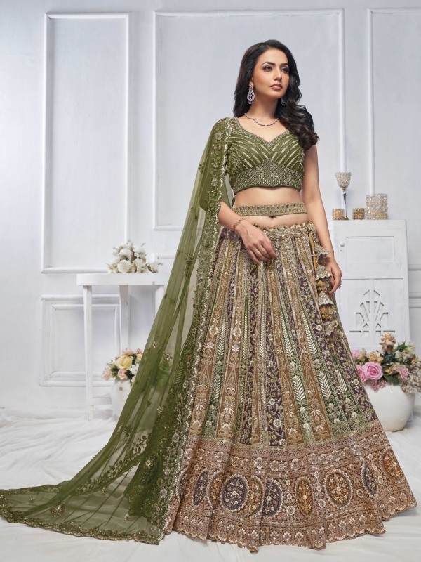Soft Premium Net Wedding Wear Lehenga In Green Color With Embroidery Work