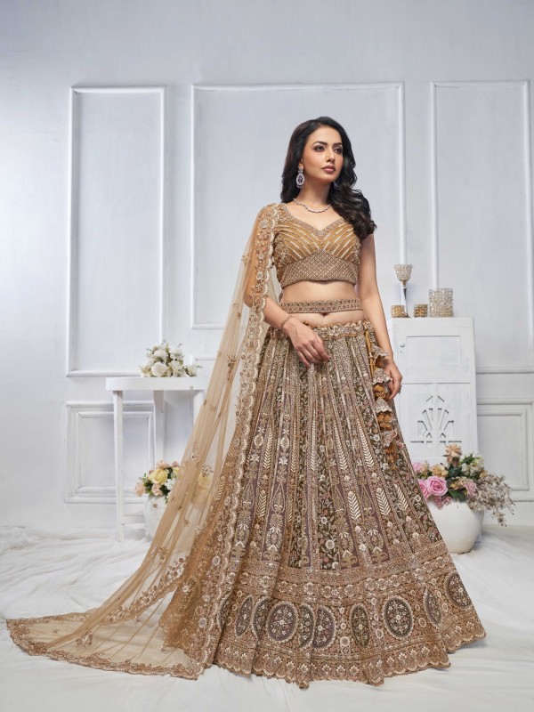 Soft Premium Net Wedding Wear Lehenga In Brown Color With Embroidery Work