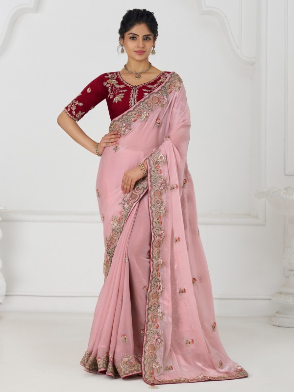 Pure Silk Saree Wedding Wear Saree In Pink Color With Embroidery Work