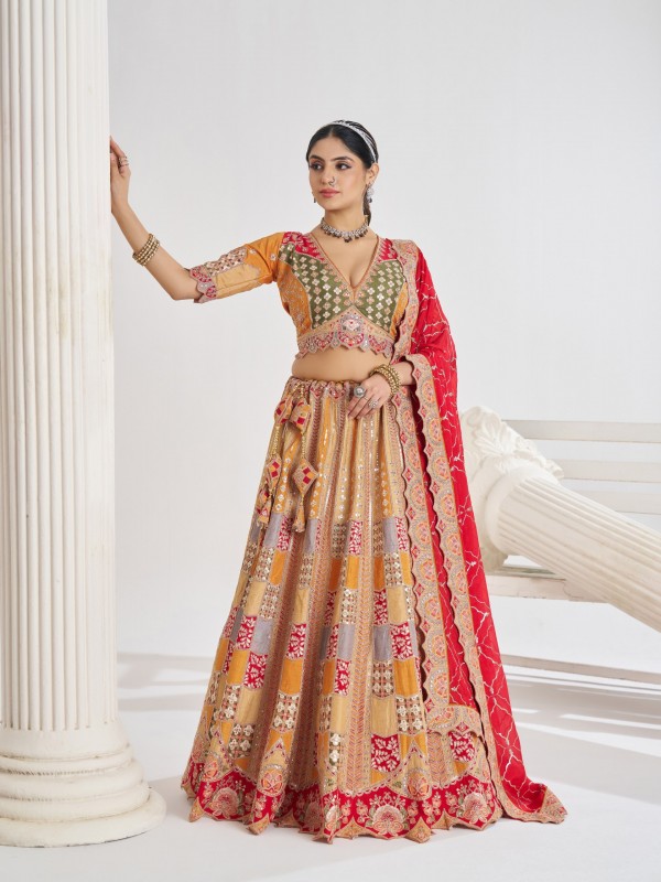 Pure Dola Silk Wedding Wear Lehenga In Mustard Color With Embroidery Work