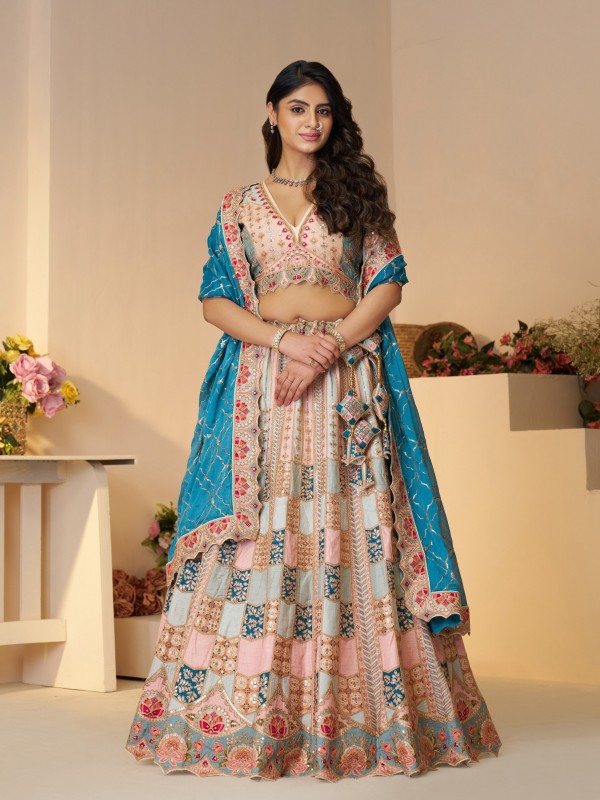 Pure Dola Silk Wedding Wear Lehenga In Sky Blue Color With Embroidery Work